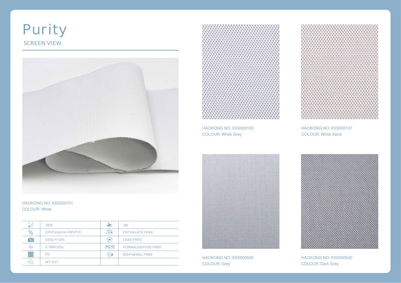 Screen shade fabric options from the supplier catalog