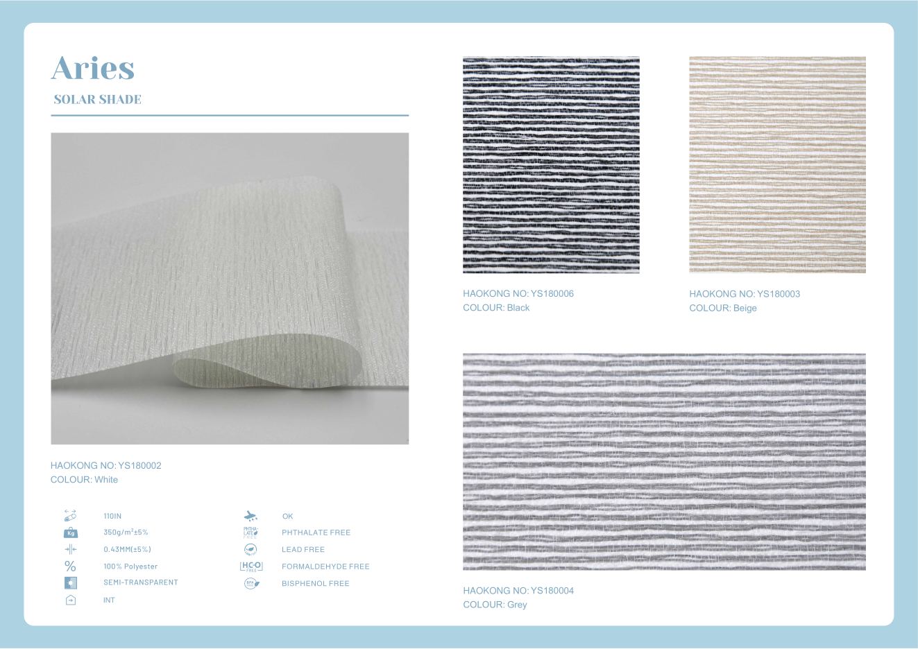 Aries Solar Shades supplier fabric sheet