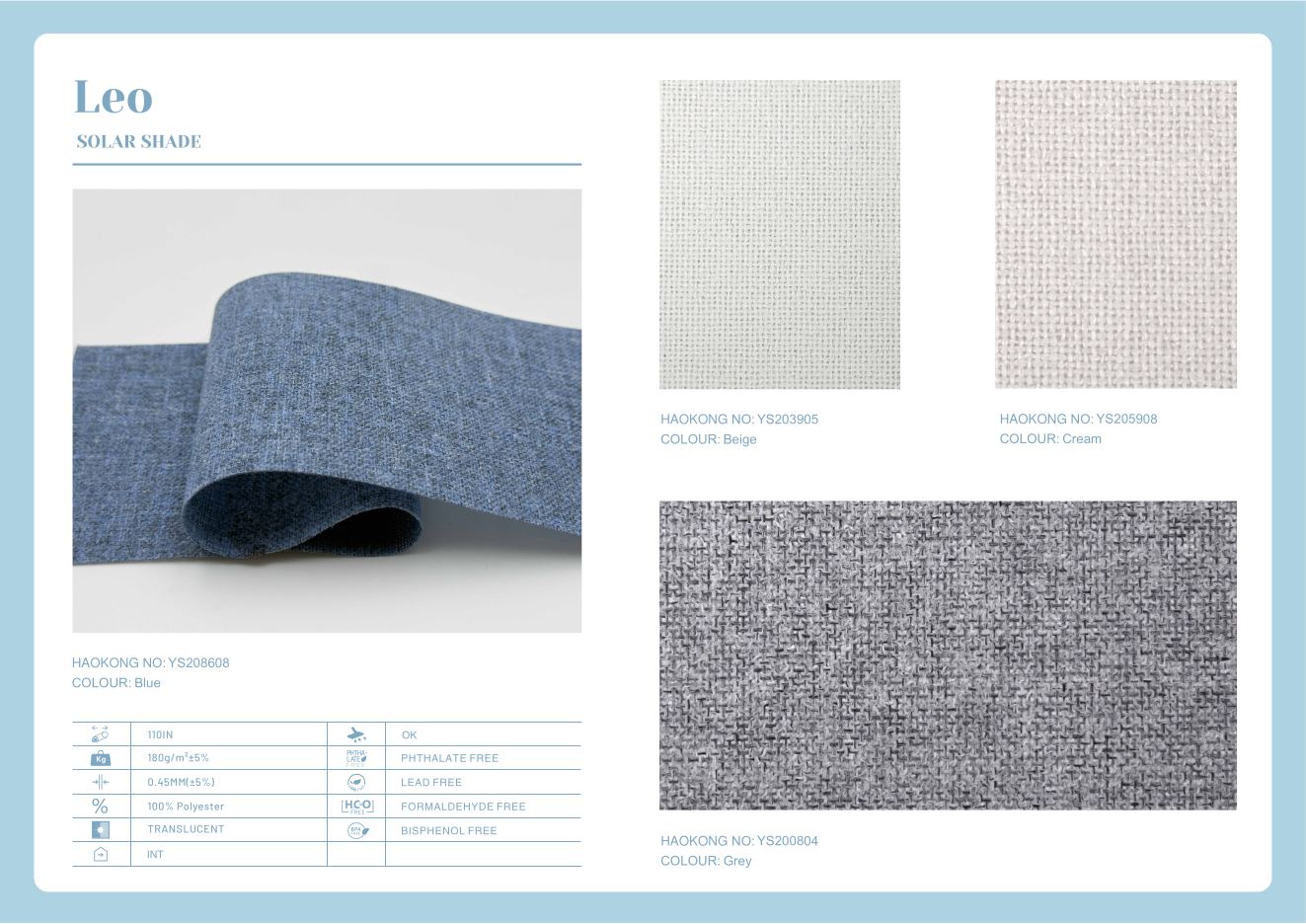 Leo Solar Shades supplier fabric sheet