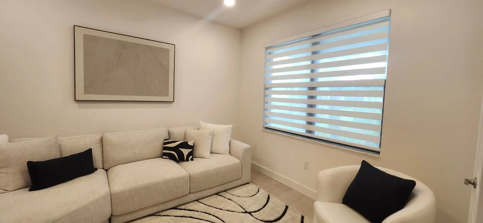 White Zebra shades filtering daylight in a modern living room