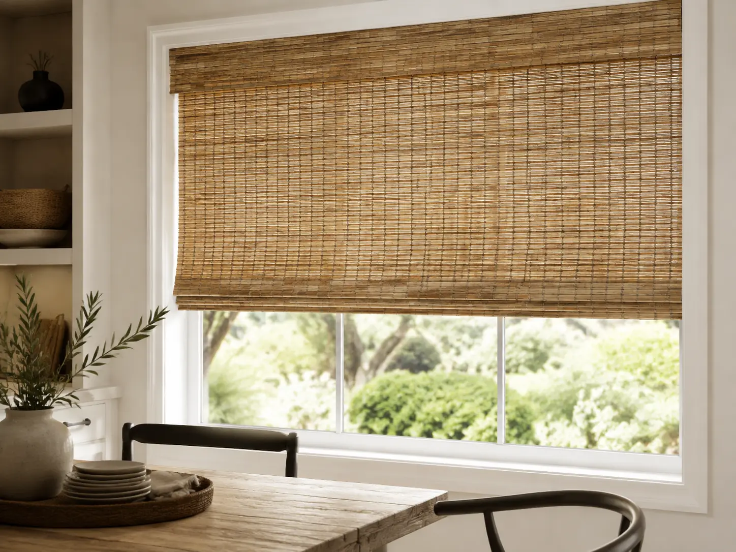 Natural woven wood shade with visible bamboo and grass texture