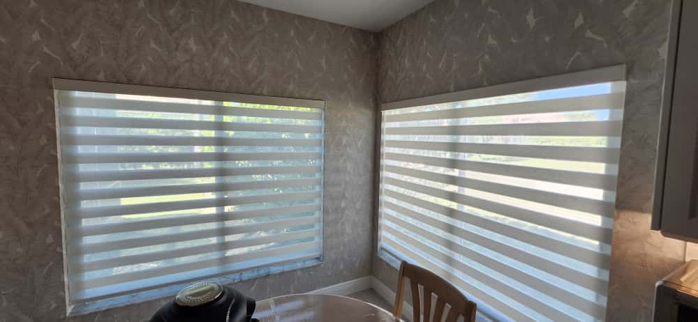 White Zebra shades filtering daylight in a bright furnished living room